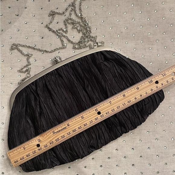 Vintage Neiman Marcus Black Silk Clutch Purse Silver Chain & Rhinestone Clasp - Picture 11 of 11